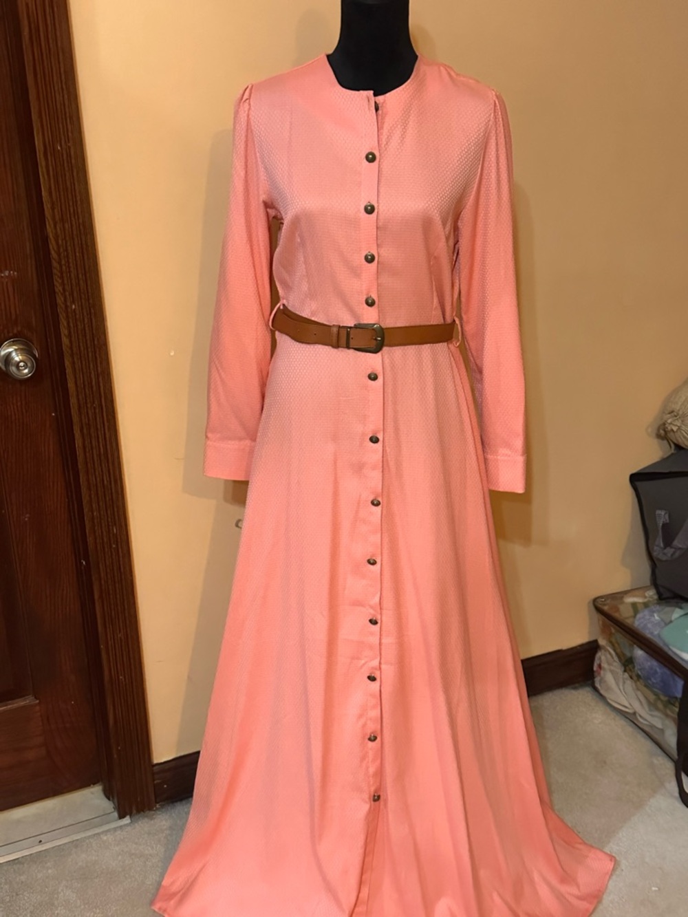 Asymmetrical Coral Pink Button-Front Maxi Dress